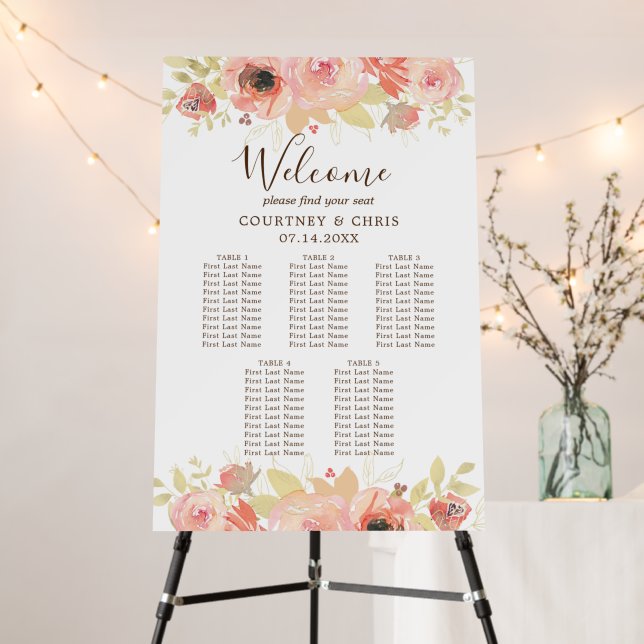 Elegant Pink Floral 5 Table Wedding Seating Chart Foam Board (In Situ (Stand))