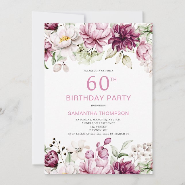 Elegant Pink Floral 60th Birthday Invitation (Front)