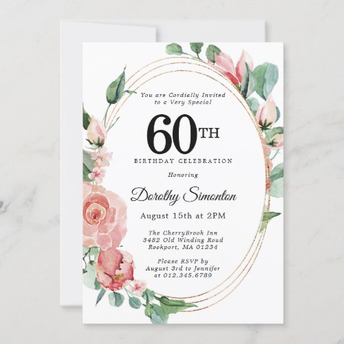 Elegant Pink Floral 60th Birthday Party Invitation