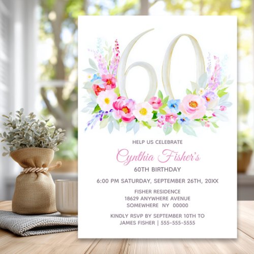 Elegant Pink Floral 60th Birthday Party Invitation