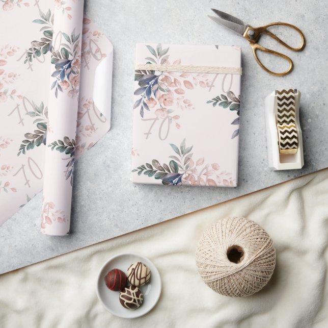 Elegant Pink Floral 70th Birthday Custom Wrapping Paper (Crafts)