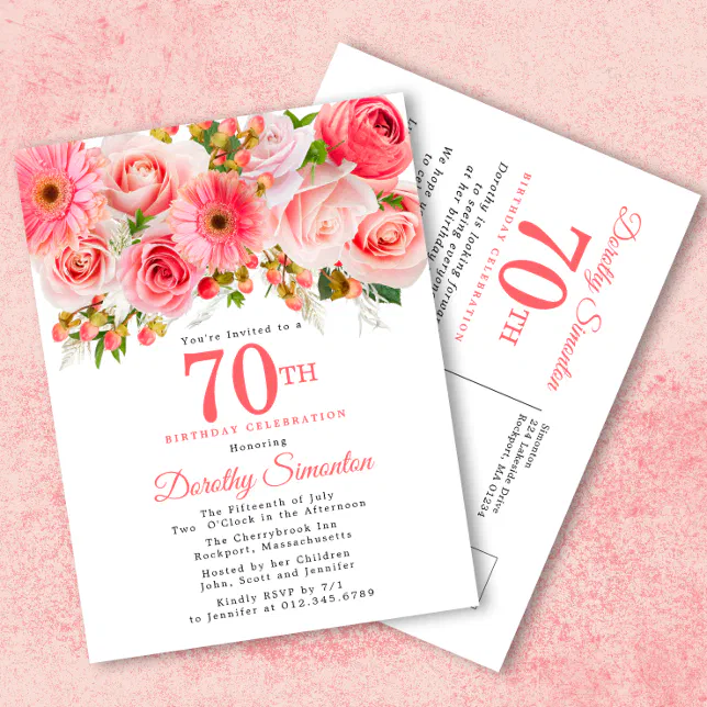 Elegant Pink Floral 70th Birthday Invitation Postcard Zazzle