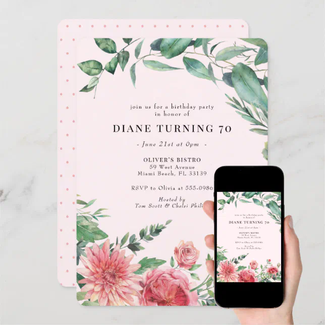 Elegant Pink Floral 70th Birthday Party Invitation Zazzle