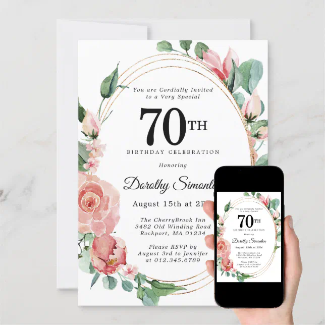 Elegant Pink Floral 70th Birthday Party Invitation Zazzle