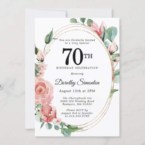Elegant Pink Floral 70th Birthday Party Invitation