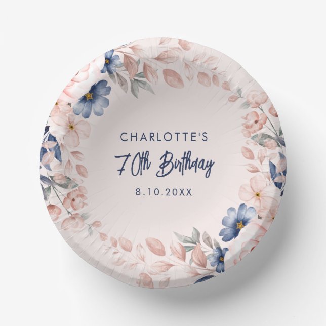 Elegant Pink Floral 70th Birthday Party Paper Bowls (Front)