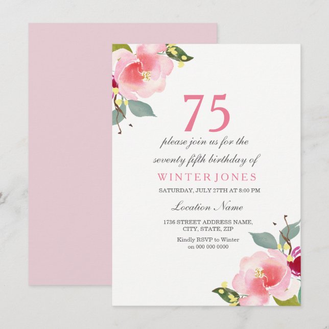 Elegant Pink Floral 75th Birthday Party Invitation (Front/Back)
