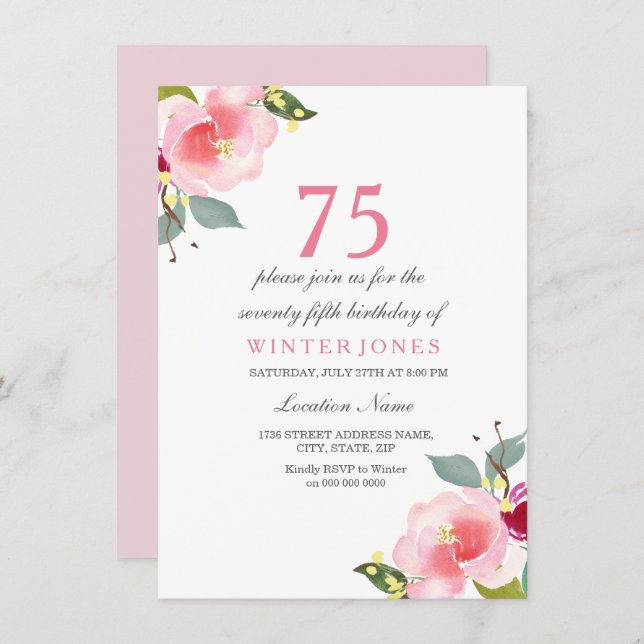Elegant Pink Floral 75th Birthday Party Invitation (Front/Back)