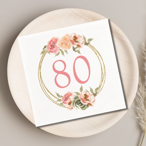 Elegant Pink Floral 80th Birthday Paper Napkin