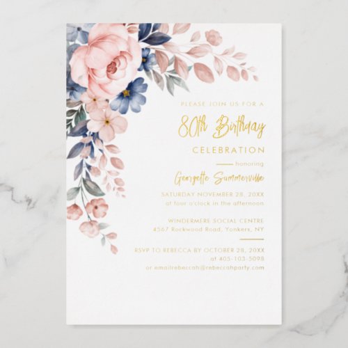 Elegant Pink Floral 80th Birthday Party Gold Foil Invitation