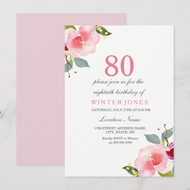 Elegant Pink Floral 80th Birthday Party Invitation (Front/Back)