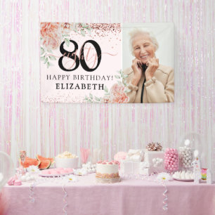 Elegant Pink Floral 80th Birthday Photo Banner