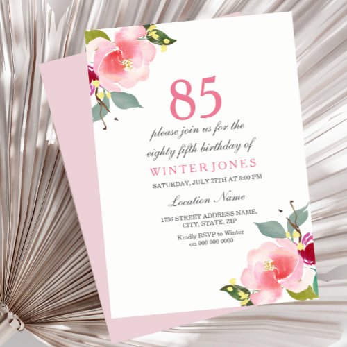 Elegant Pink Floral 85th Birthday Party Invitation