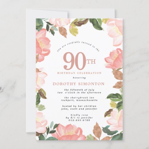 Elegant Pink Floral 90th Birthday Invitation