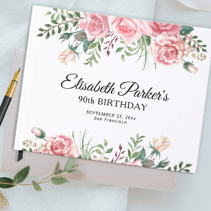 Elegant pink floral 90th birthday party guest book