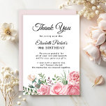 Elegant pink floral 90th birthday party  thank you card<br><div class="desc">Stylish pink roses,  feminine floral 90th birthday party thank you card template. Easy to personalize with your text.</div>
