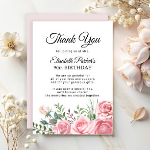 Elegant pink floral 90th birthday party  thank you card