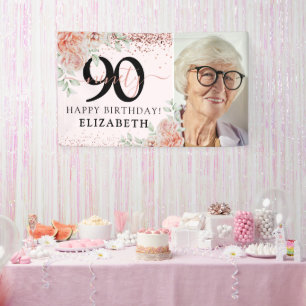 Elegant Pink Floral 90th Birthday Photo Banner