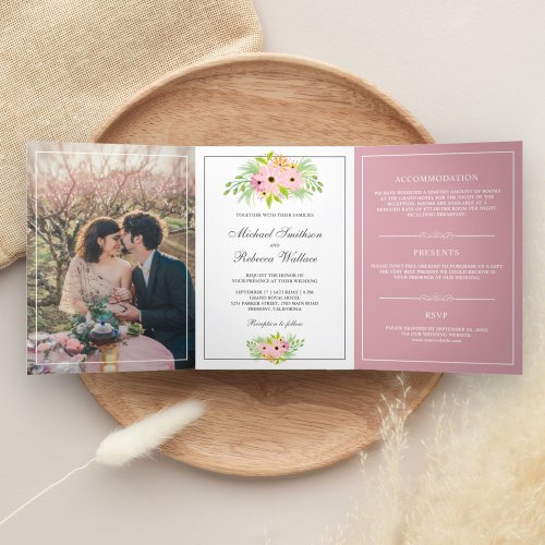 Elegant Pink Floral All in One Photo Wedding Tri_Fold Invitation