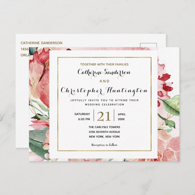 Elegant Pink Floral All In One Wedding Invitation Postcard (Front/Back)