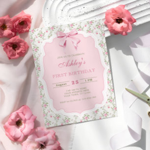 Elegant Pink Floral and Bow Girl Birthday Invitation