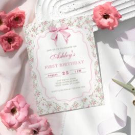 Elegant Pink Floral and Bow Girl Birthday Invitation