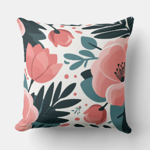 Elegant Pink Floral and deep Green leaves Throw Pillow