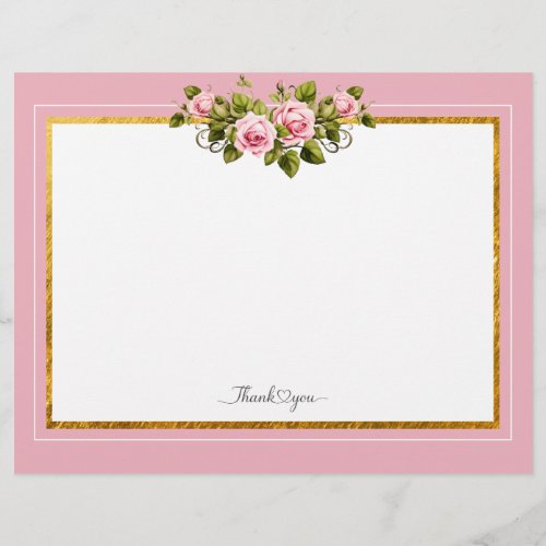 Elegant Pink Floral and Gold Frame "Thank You"  Letterhead
