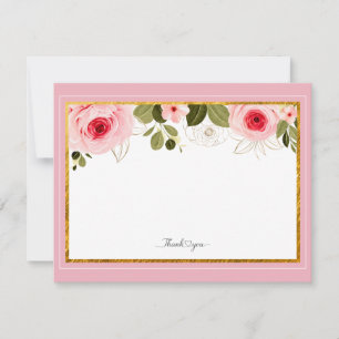 Elegant Pink Floral and Gold Frame "Thank You" Note Card