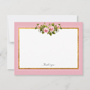 Elegant Pink Floral and Gold Frame "Thank You" Note Card
