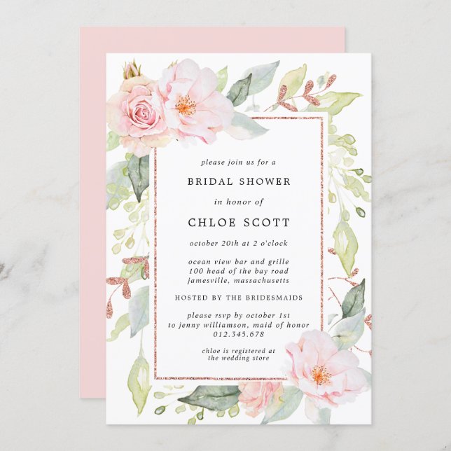 Elegant Pink Floral and Rose Gold Bridal Shower Invitation (Front/Back)