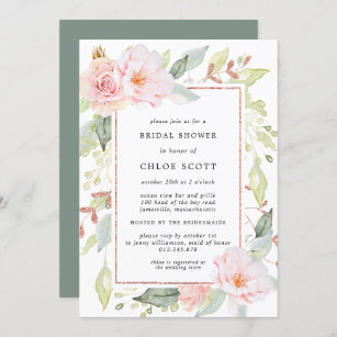 Elegant Pink Floral and Rose Gold Bridal Shower Invitation