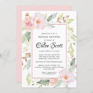 Elegant Pink Floral and Rose Gold Bridal Shower Invitation