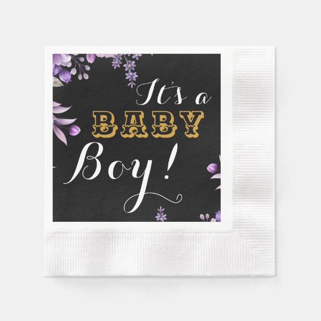 Elegant Pink Floral Baby Boy Shower Party Paper Napkins (Front)