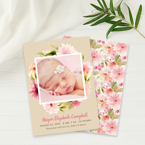 Elegant Pink Floral Baby Girl Photo Beige Birth Announcement