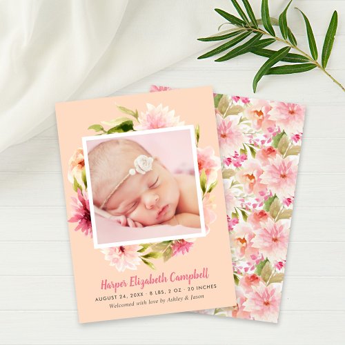 Elegant Pink Floral Baby Girl Photo Peach Birth Announcement