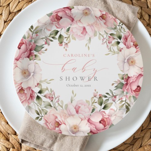 Elegant Pink Floral Baby In Bloom Girl Baby Shower Paper Plates