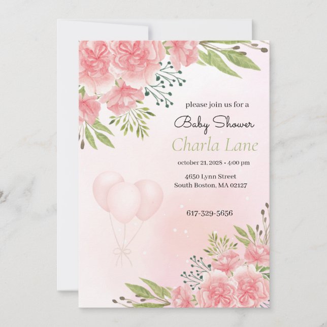 Elegant Pink Floral Baby Shower Invitation (Front)