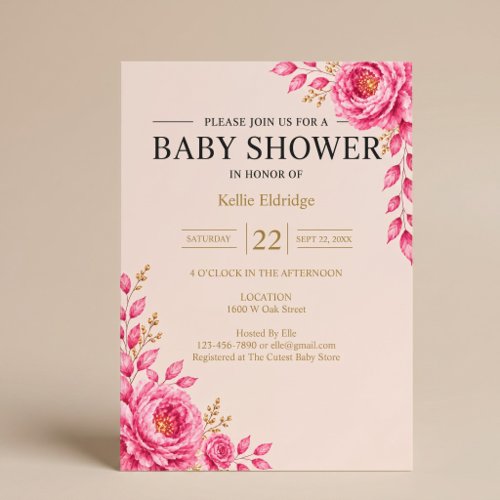 Elegant Pink Floral Baby Shower Invitation