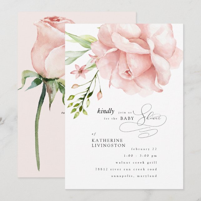 Elegant Pink Floral Baby Shower Invitation (Front/Back)