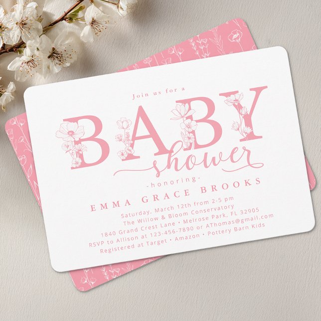 Elegant Pink Floral Baby Shower Typography Invitation (Pink Floral Baby Shower Invite)