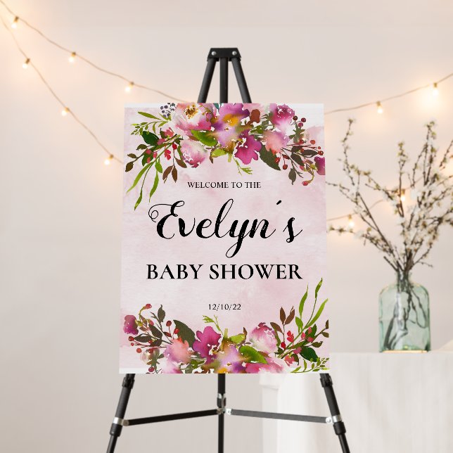 Elegant Pink Floral Baby Shower Welcome Board (In Situ (Stand))