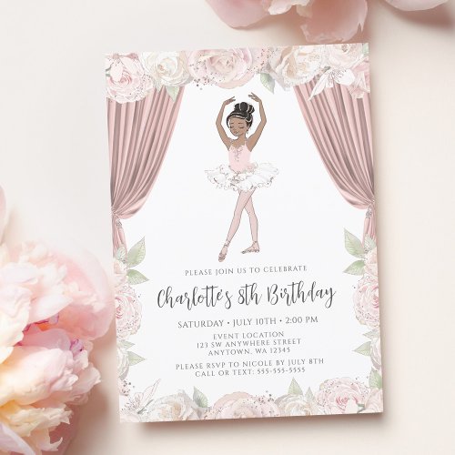 Elegant Pink Floral Ballerina Black Hair Birthday Invitation