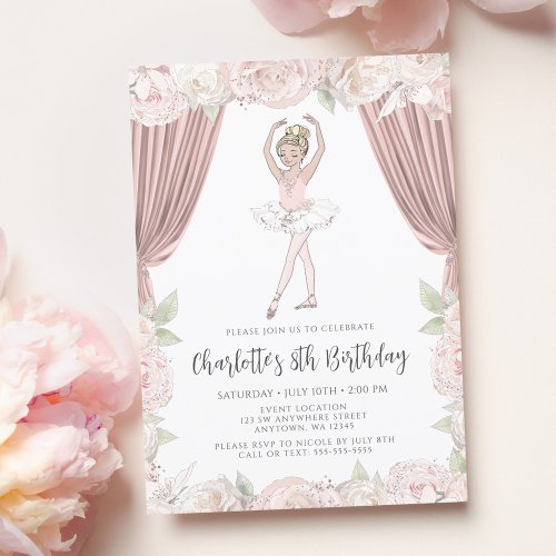 Elegant Pink Floral Ballerina Blonde Girl Birthday Invitation