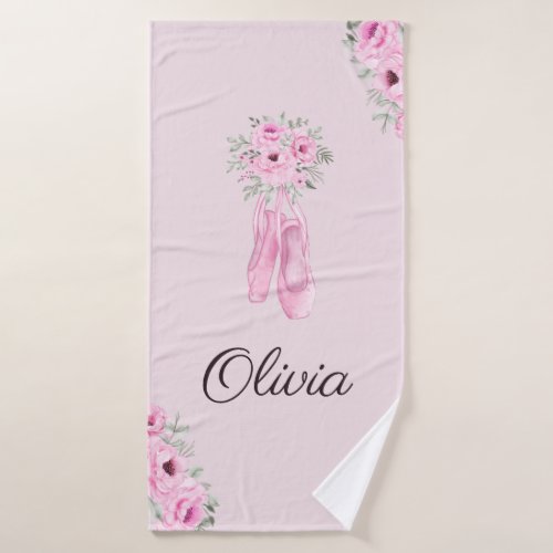 Elegant Pink Floral Ballerina Personalized Name Bath Towel