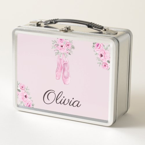 Elegant Pink Floral Ballerina Personalized Name Metal Lunch Box