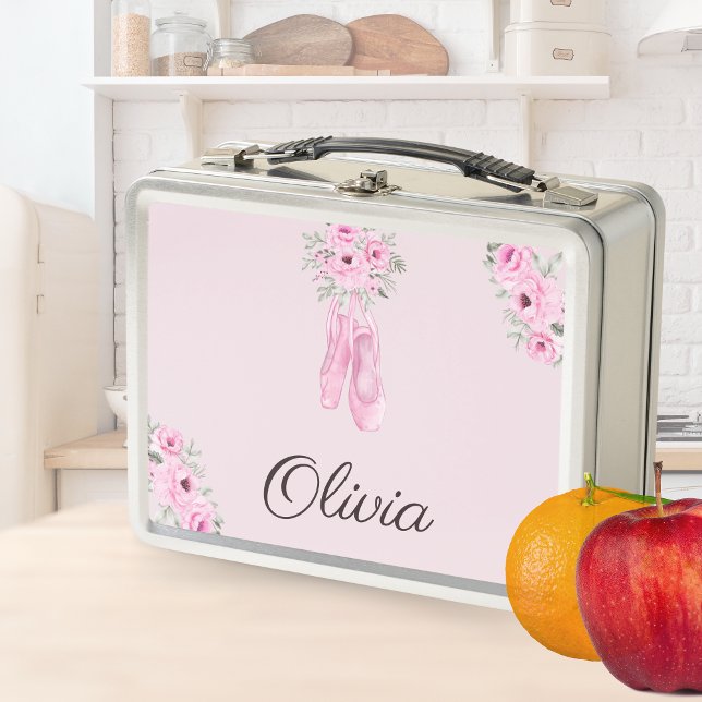 Elegant Pink Floral Ballerina Personalized Name Metal Lunch Box (Creator Uploaded)
