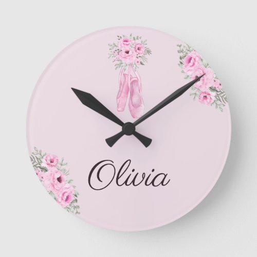 Elegant Pink Floral Ballerina Personalized Name Round Clock