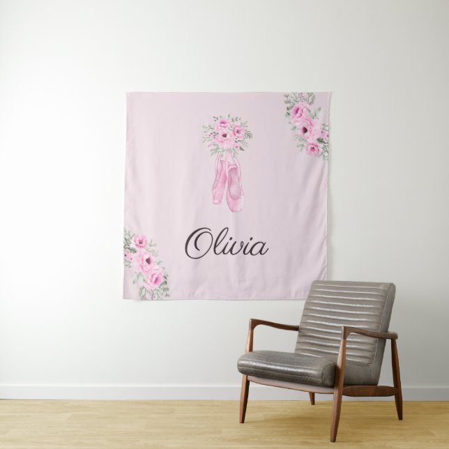 Elegant Pink Floral Ballerina Personalized Name Tapestry (In Situ)
