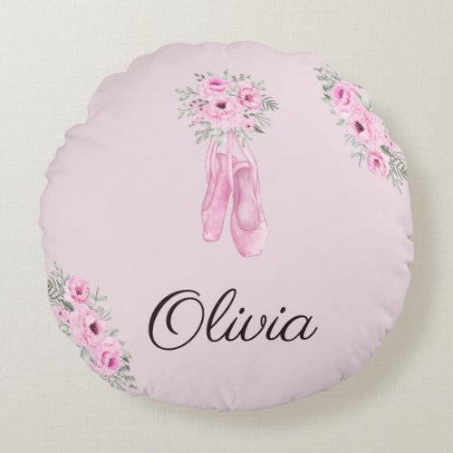 Elegant Pink Floral Ballerina Personalized Name Th Round Pillow